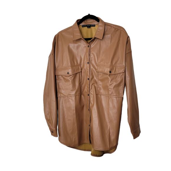 HYFVE Oversized Vegan Leather Button Up Long Sleeve Brown Jacket Women Sz L - Picture 3 of 10